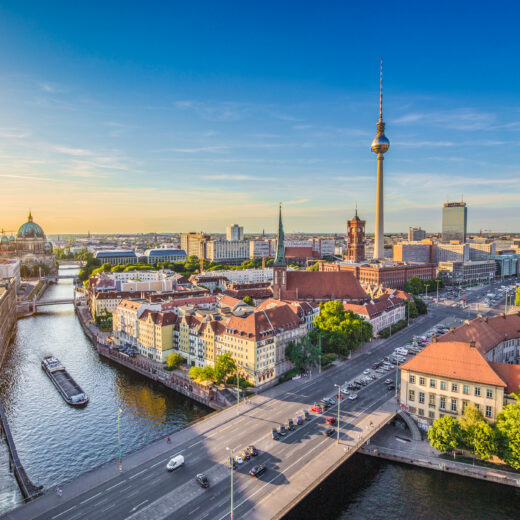 Berlin TV Tower above the Spree River at sunset