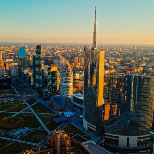 Milan's Porta Nuova skyline at sunset