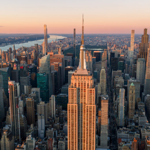 Empire State Building and the Manhattan skyline at sunset