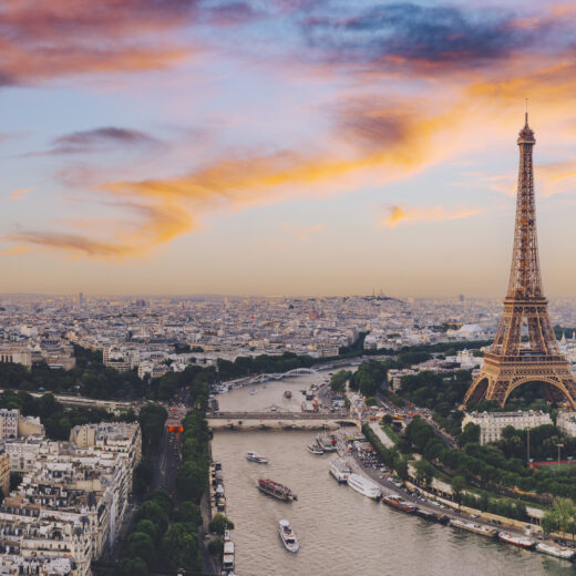 Eiffel Tower and the Seine in Paris at sunset