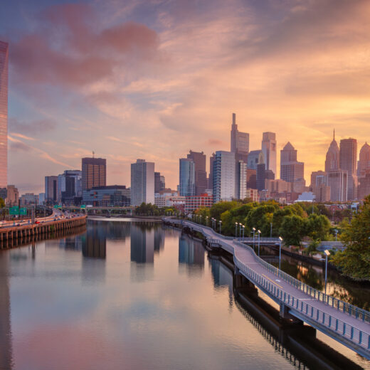 Philadelphia skyline over the Schuylkill River at dusk