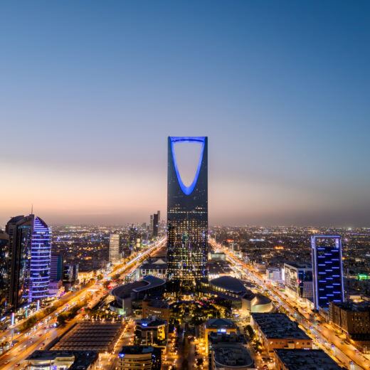 Kingdom Centre tower and the Riyadh skyline at dusk