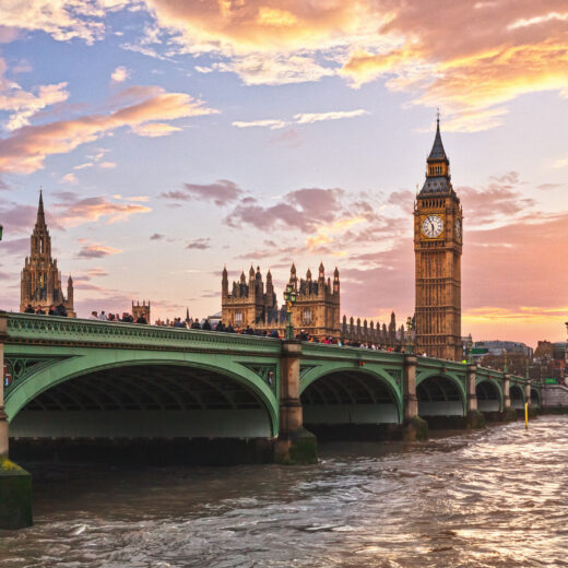 Big Ben and Westminster Bridge in London at sunset